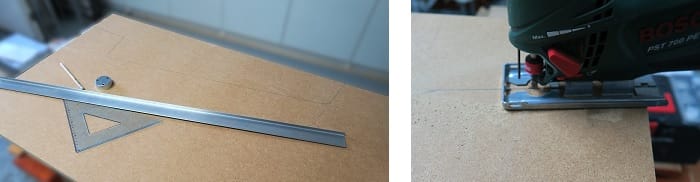 Herramientas de trazado y de corte con sierra de calar para la estructura del mueble arcade de MDF