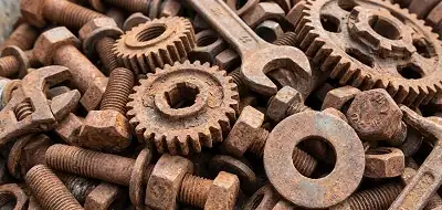 chatarra compuesta por tornillos, tuercas, arandelas, engranajes y herramientas oxidadas, para crear esculturas de hierro