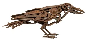 Escultura de cuervo realizada con piezas de acero de arandelas, tornillos, limas recicladas. Soldadas utilizando soldadura MMA.