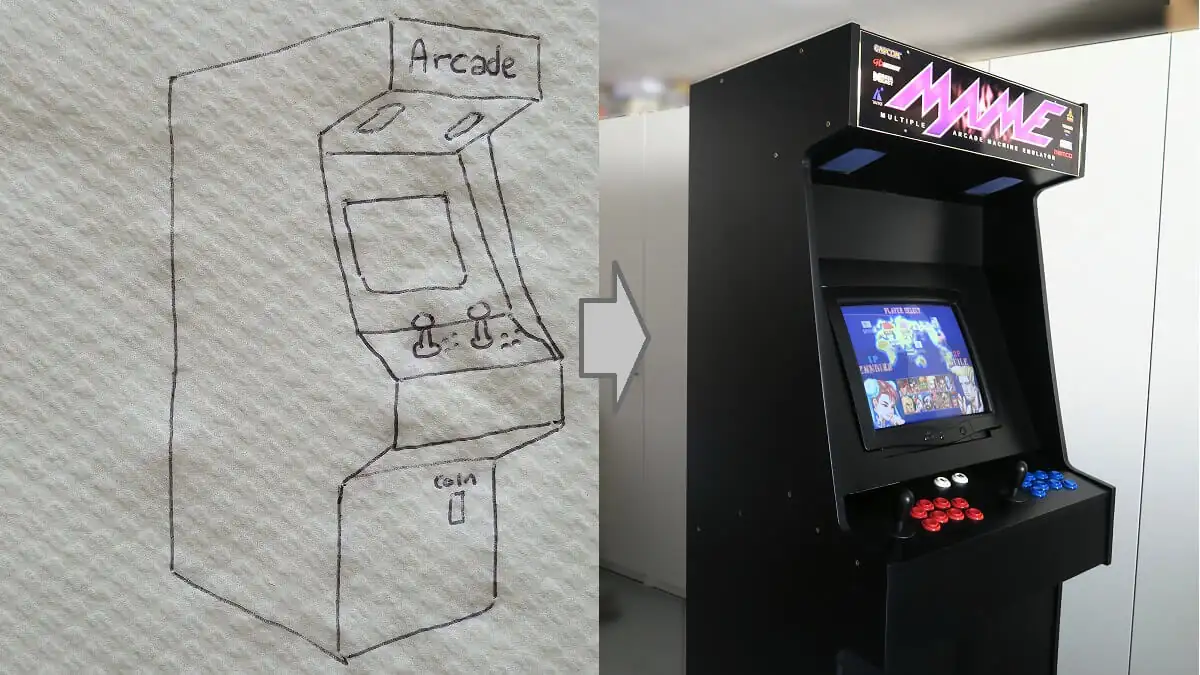 Del boceto inicial a la máquina arcade casera con netbook antigua, monitor CRT y sonido 2.1. Construída con MDF y totalmente desmontable.