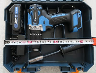 Taladro Drillpro brushless. Maletín, taladro, batería 1.5Ah, cargador y mango auxiliar.